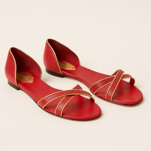 Hollywould Red & Gold D’Orsay Flat Sandals | Crisscross Toe - Picture 1 of 6
